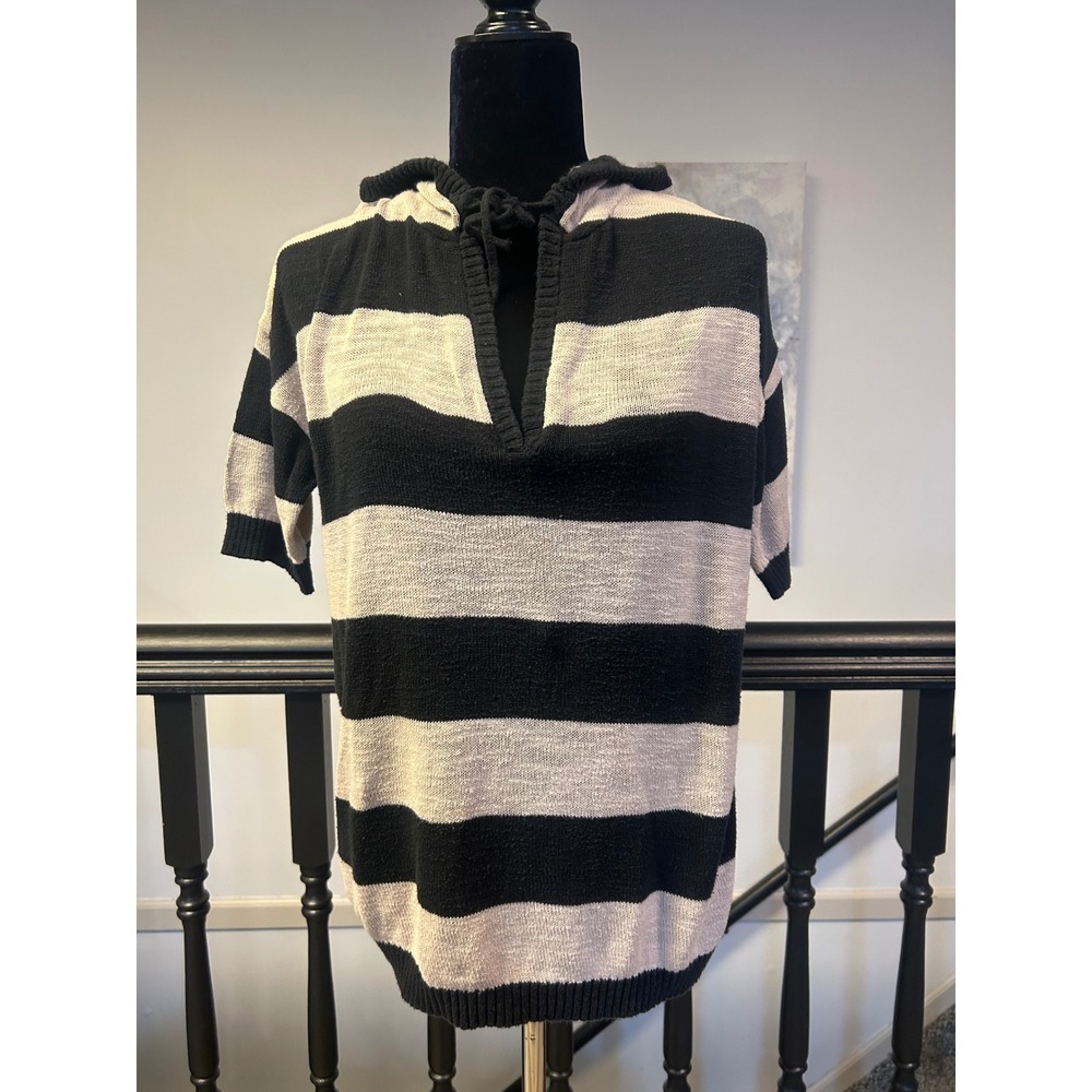Banana‎ Republic Womens Black Tan Striped Short Sleeve Hooded Cotton Sweater L